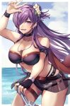  1girl absurdres arm_up armband bare_arms bare_shoulders bikini black_bikini black_gloves blue_sky breasts cloud commentary_request cowboy_shot day fingerless_gloves fire_emblem fire_emblem:_three_houses fire_emblem_heroes fire_emblem_warriors:_three_hopes flower gloves hair_flower hair_ornament highres large_breasts long_hair ocean official_alternate_costume partial_commentary purple_eyes purple_hair reia_hana shez_(female)_(fire_emblem) shez_(female)_(summer)_(fire_emblem) shez_(fire_emblem) single_glove sky solo standing stomach swimsuit thigh_strap thighs very_long_hair water white_flower 