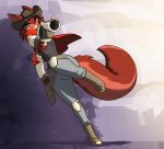  action_pose aiming_at_viewer brown_body brown_fur brown_hair canid canine clothing cowboy_hat female feretta fox fur green_eyes grin gun gunslinger hair hat headgear headwear heterochromia hi_res looking_at_viewer mammal pose ranged_weapon simple_background smile weapon yellow_eyes 
