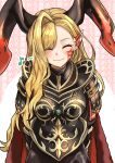  1girl absurdres armor black_armor black_bodysuit black_horns blonde_hair bodysuit cape closed_eyes closed_mouth clothes_on_shoulders dragon_horns facial_mark fate/grand_order fate_(series) fur-trimmed_cape fur_trim hair_over_one_eye highres horns long_hair long_horns looking_at_viewer musical_note nero_claudius_(fate) okitsugu pointy_ears queen_draco_(fate) queen_draco_(third_ascension)_(fate) red_cape shoulder_plates smile solo upper_body wavy_hair 