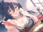  1girl :d aotsu_karin black_hair black_overalls blue_bra blue_eyes blurry blush bowl bra breasts chopsticks cleavage collarbone depth_of_field dutch_angle hair_between_eyes hamburger_steak highres holding holding_chopsticks jacket long_hair looking_at_viewer medium_breasts mole_on_chest non-web_source open_mouth original overalls pink_jacket plate pov rice rice_bowl sidelocks sitting smile solo soy_sauce table underwear 