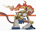  blue_eyes closed_mouth colored_sclera fire gogot highres infernape looking_down pokemon pokemon_(creature) solo spread_legs squatting white_background yellow_sclera 