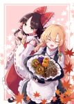  2girls apron ascot blonde_hair blush bow braid brown_eyes brown_hair closed_eyes closed_mouth deetamu detached_sleeves eating food frilled_apron frilled_skirt frills hair_bow hair_tubes hakurei_reimu highres holding holding_food japanese_clothes kirisame_marisa long_hair multiple_girls nontraditional_miko open_mouth red_bow red_skirt ribbon-trimmed_sleeves ribbon_trim shirt sidelocks single_braid skirt smile sweet_potato touhou waist_apron white_apron white_shirt white_sleeves wide_sleeves yellow_ascot 