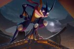  bright_pupils cloud commentary_request email_address greninja highres l_aciel looking_down night outdoors pokemon pokemon_(creature) red_eyes sky solo squatting watermark web_address white_pupils 
