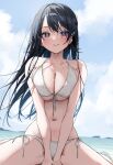  1girl bare_shoulders bikini black_hair blue_eyes blurry blurry_background blush braid breasts chigusa_minori cleavage closed_mouth collarbone commentary_request day floating_hair front-tie_bikini_top front-tie_top hair_between_eyes highres horizon jitsuha_imouto_deshita. large_breasts long_hair looking_at_viewer navel ocean outdoors side-tie_bikini_bottom sitting smile solo stomach swimsuit tsukimori_yui underboob wariza wet white_bikini 