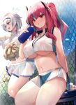  2girls :d anchor_necklace azur_lane bangs bare_shoulders black_hairband blue_sky bottle breasts bremerton_(azur_lane) bremerton_(scorching-hot_training)_(azur_lane) chain-link_fence cheerleader cleavage commentary covered_nipples crop_top crop_top_overhang day fence grey_hair hair_between_eyes hair_ornament hairband headgear heart heart_necklace holding holding_bottle holding_pom_poms jewelry large_breasts long_hair midriff miniskirt mole mole_under_eye mujinbensin multicolored_hair multiple_girls navel necklace official_alternate_costume open_mouth pom_pom_(cheerleading) purple_eyes red_eyes red_hair reno_(azur_lane) reno_(biggest_little_cheerleader)_(azur_lane) revision see-through see-through_skirt shirt sitting skirt sky sleeveless sleeveless_shirt smile sportswear standing stomach streaked_hair sweat tennis_uniform thighs twintails two-tone_shirt two-tone_skirt underboob water_bottle white_skirt wristband x_hair_ornament 