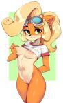  2023 activision anthro areola bald_crotch bandicoot blonde_hair blush bodily_fluids body_blush bottomless breasts clothed clothing clothing_lift coco_bandicoot countershade_face countershade_torso countershading crash_bandicoot_(series) dripping eyewear eyewear_on_head female fur genital_fluids genitals glistening glistening_body glistening_skin goggles goggles_on_head green_eyes hair hand_on_breast hi_res long_hair looking_at_viewer mammal marsupial medium_breasts mostly_nude multicolored_body multicolored_face multicolored_skin navel nipple_fetish nipple_pinch nipple_play nipples no_underwear orange_body orange_fur orange_skin outie_navel pinch ponytail portrait pussy pussy_blush pussy_juice pussy_juice_drip shirt shirt_lift shirt_up simple_background slugbox smile smiling_at_viewer solo sweat t-shirt t-shirt_lift tan_body tan_countershading thick_thighs three-quarter_portrait topwear two_tone_body two_tone_face two_tone_skin 