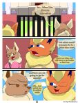  absurd_res anthro big_breasts blonde_hair breasts brown_body brown_eyes canid canine clothed clothing comic digital_drawing_(artwork) digital_media_(artwork) duo eevee eeveelution elizabeth_venizee english_text female flamberry_(artist) flareon franklin_flare fur generation_1_pokemon hair hi_res male male/female mammal mansion nintendo one_eye_closed open_mouth orange_body pokemon pokemon_(species) smile tan_body tan_fur text tongue wink 