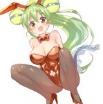  1girl :d absurdres animal_ears arms_behind_back bare_shoulders blush bow bowtie breasts brown_eyes brown_pantyhose cleavage clothing_cutout club_cutout collar detached_collar fake_animal_ears green_hair hair_between_eyes hairband high_heels high_ponytail highres jacklyn_(show_by_rock!!) knees_up large_breasts leotard long_hair looking_at_viewer navel navel_cutout nyama pantyhose playboy_bunny ponytail rabbit_ears red_bow red_bowtie red_footwear red_hairband red_leotard red_theme shoes show_by_rock!! simple_background smile solo squatting strapless strapless_leotard tadpole_tail tail very_long_hair white_background white_collar wing_collar 