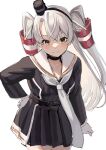  1girl akagi_kurage amatsukaze_(kancolle) amatsukaze_kai_ni_(kancolle) black_choker black_dress brown_eyes choker dress gloves grey_hair grey_neckerchief hair_tubes highres kantai_collection leaning_forward long_hair neckerchief sailor_collar sailor_dress short_dress simple_background smile smokestack_hair_ornament solo two_side_up white_background white_gloves white_sailor_collar 