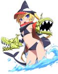  1girl animal_hat bikini black_bikini black_jacket blonde_hair blue_eyes blush breasts hair_between_eyes hat highres jacket kill_me_baby kirara_fantasia long_hair looking_at_viewer open_clothes open_jacket open_mouth sharp_teeth simple_background small_breasts solo sonya_(kill_me_baby) swimsuit tail teeth twintails very_long_hair water white_background yachima_tana 