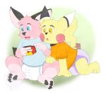  absurd_res anthro black_and_white_ears black_pawpads blue_clothing blue_eyes blue_shirt blue_t-shirt blue_topwear brown_spots canid canine clothed clothing diaper duo fennec fennecat_(artist) fox fur gameboy_advance generation_1_pokemon hi_res hybrid male mammal miles_(fennecat) nintendo orange_clothing orange_shirt orange_t-shirt orange_topwear pawpads pikachu pink_body pink_cheeks pink_fur pink_spots pokemon pokemon_(species) puffed_cheeks purple_diaper red_fox shirt simple_background spots t-shirt topwear watermark wearing_diaper yellow_body yellow_eyes yellow_fur 