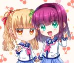  2girls :d angel_beats! black_hairband blonde_hair blue_sailor_collar blue_skirt blunt_bangs blush bow cherry_print chibi closed_mouth commentary_request expressionless eyelashes eyes_visible_through_hair food_print green_bow green_eyes hair_bow hair_ribbon hairband hand_up highres holding_hands index_finger_raised light_blush long_hair long_sleeves looking_at_viewer medium_hair multiple_girls nakamura_yuri neckerchief open_mouth orange_eyes pink_neckerchief pleated_skirt purple_hair red_ribbon ribbon sailor_collar shinda_sekai_sensen_uniform shirt simple_background skirt smile straight_hair swimsuit teeth twintails upper_teeth_only waving wavy_hair white_background white_shirt yusa_(angel_beats!) zuzuhashi 