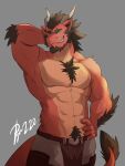  abs anthro arm_tuft beard biceps body_hair chest_tuft clothed clothing dragon elbow_tuft facial_hair hair hi_res horn lofnirv male muscular muscular_anthro muscular_male pecs pubes pubes_exposed scalie simple_background smile solo tail teeth topless tuft 