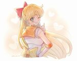  +1_(yakusoku0722) aino_minako artist_name back_bow bishoujo_senshi_sailor_moon blonde_hair blue_eyes blush bow choker dated earrings elbow_gloves gloves hair_bow half_updo heart highres jewelry long_hair looking_at_viewer looking_back one_eye_closed open_mouth orange_choker orange_sailor_collar orange_skirt pleated_skirt red_bow sailor_collar sailor_senshi_uniform sailor_venus see-through see-through_sleeves shirt skirt smile tiara upper_body white_gloves white_shirt yellow_bow 