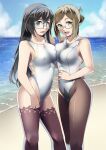  2girls absurdres alto-00 asymmetrical_docking beach black_hair black_pantyhose black_thighhighs blue_eyes blue_hairband blue_sky breast_press breasts brown_hair cloud commission competition_swimsuit covered_nipples day feet_out_of_frame folded_ponytail green_eyes hairband highleg highleg_swimsuit highres horizon kantai_collection katori_(kancolle) long_hair looking_at_viewer medium_breasts multicolored_clothes multicolored_swimsuit multiple_girls ocean one-piece_swimsuit ooyodo_(kancolle) outdoors pantyhose pantyhose_under_swimsuit pixiv_commission semi-rimless_eyewear sky swimsuit thighhighs under-rim_eyewear white_one-piece_swimsuit 