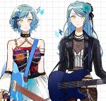  2girls aqua_hair bang_dream! bare_shoulders black_choker black_jacket black_pants black_ribbon blue_bow blue_flower blue_rose blue_skirt bow braid chain chain_necklace choker closed_mouth collarbone commentary cowboy_shot crop_top cropped_jacket detached_sleeves earrings electric_guitar floral_print flower frilled_sleeves frills green_eyes guitar hair_bow hair_flower hair_ornament hair_ribbon highres hikawa_hina hikawa_sayo holding holding_instrument idol idol_clothes instrument jacket jewelry long_hair long_sleeves looking_at_viewer multiple_girls necklace pants ribbon rose see-through see-through_shirt short_hair siblings single_sidelock skirt smile twins white_background wide_sleeves zihacheol 