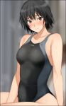 1girl amagami bare_arms bare_shoulders black_border black_eyes black_hair black_one-piece_swimsuit blue_one-piece_swimsuit blush bob_cut border breasts brown_eyes closed_mouth collarbone competition_swimsuit indoors looking_at_viewer medium_breasts mobu nanasaki_ai one-piece_swimsuit short_hair sitting solo swimsuit two-tone_swimsuit 