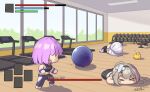  &gt;_&lt; 3girls @_@ azur_lane ball bandaid bandaid_on_head barbell black_pants chibi crossed_bandaids exercise_ball fake_screenshot grey_hair gym gym_uniform health_bar indoors kersaint_(azur_lane) kersaint_(reverent_runner)_(azur_lane) lyon_(azur_lane) lyon_(paired_exercise)_(azur_lane) manjuu_(azur_lane) midriff multiple_girls official_alternate_costume painleve_(azur_lane) painleve_(team_stretching)_(azur_lane) pants purple_hair short_hair signature sports_bra treadmill user_interface white_hair white_sports_bra whitter yoga_pants 