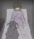  1girl alina_gray alina_gray_(hospitalized_costume) bandage_over_one_eye bandaged_arm bandaged_chest bandaged_leg bandages barefoot bed green_eyes green_hair hair_between_eyes hospital_bed hospital_gown ifpark_(ifpark.com) indoors intravenous_drip long_hair long_sleeves looking_at_viewer lying magia_record:_mahou_shoujo_madoka_magica_gaiden mahou_shoujo_madoka_magica misono_karin multicolored_hair official_alternate_costume on_back on_bed pillow shadow single_hair_ring solo straight_hair streaked_hair 
