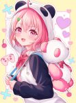  1girl :d ahoge animal_bag animal_hood blush border bow bowtie cherry controller food fruit game_controller green_nails hair_ornament heart highres hood hoodie jacket mole mole_under_eye multicolored_hair nail_polish nijisanji panda panda_hood pink_eyes pink_hair pink_shirt ponigiri12 red_bow red_bowtie sasaki_saku sasaki_saku_(1st_costume) shirt short_hair smile solo streaked_hair stuffed_animal stuffed_panda stuffed_toy white_hair yellow_border 