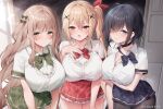  3girls ahoge black_eyes black_hair blonde_hair blush bow bowtie breasts brown_hair cleavage collared_shirt frills large_breasts long_hair multiple_girls open_mouth original pantyhose red_eyes shirt short_hair short_sleeves side_ponytail sidelocks smile sora_72-iro thighs 