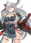  1girl absurdres armored_gloves azur_lane blue_dress blue_eyes blush breasts choker cleavage commentary_request dragon_girl dragon_horns drawing_sword dress earrings gauntlets grin groin hair_between_eyes hakuryuu_(azur_lane) hands_up head_tilt highres hip_focus holding holding_sword holding_weapon horn_ornament horns jewelry large_breasts legs_apart long_hair no_bra orange_gemstone sideboob sideless_outfit skindentation smile solo soul_(dp11) sword sword_behind_back thigh_strap very_long_hair weapon white_eyes white_hair 
