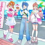  +_+ 3girls :d apron bag belt blue_pants blue_skirt bright_pupils brown_hair carrying casual cherry clothing_cutout cloud cloudy_sky commentary cropped_shirt cut_bangs day denim drinking_straw fanny_pack food frilled_apron frills fruit green_eyes gym_shorts gym_uniform hair_bun hair_ribbon handbag highres hirogaru_sky!_precure holding holding_food holding_hands horizon ice_cream ice_cream_cone jacket jeans kururun_(precure) long_hair long_sleeves looking_at_another loose_socks maid_apron maid_headdress medium_hair midriff miniskirt monster_rally multiple_girls natsuumi_manatsu navel nijigaoka_mashiro ocean open_clothes open_jacket open_mouth palm_tree pants pink_belt pink_footwear pink_hair pink_jacket pink_shorts pleated_skirt precure ribbon road series_connection shoes shorts shoulder_cutout side_ponytail single_hair_bun skirt sky smile sneakers socks sora_harewataru standing standing_on_one_leg strawberry sundae track_jacket translated tree tropical-rouge!_precure turtleneck waitress white_footwear white_pupils white_socks yellow_ribbon 