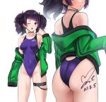  1girl ass black_hair blunt_bangs breasts commission competition_swimsuit covered_navel cowboy_shot dated diagonal_bangs from_behind green_jacket grey_hair head_out_of_frame highleg highleg_swimsuit highres idolmaster idolmaster_shiny_colors impossible_clothes impossible_swimsuit jacket long_hair looking_at_viewer medium_breasts multiple_views one-piece_swimsuit one_eye_closed pixiv_commission purple_eyes purple_hair purple_one-piece_swimsuit short_twintails signature simple_background sleeves_past_fingers sleeves_past_wrists swimsuit tanaka_mamimi thigh_strap twintails white_background yoo_tenchi 