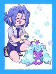  1boy blush bubble closed_eyes happy highres james_(pokemon) macchiromomomo mareanie mareep necktie open_mouth pokemon pokemon_(anime) pokemon_(creature) pokemon_(game) pokemon_sm pokemon_sv sandals shampoo shorts 