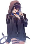  1boy black_hood black_jacket demon_tail earrings gloves heart heart_in_eye highres holding holding_knife hood hood_up indie_virtual_youtuber jacket jewelry knife long_sleeves male_focus open_mouth purple_hair rr_ayan short_hair shoto_(vtuber) solo symbol_in_eye tail tears tongue tongue_out virtual_youtuber 