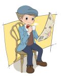  1boy black_eyes blue_headwear blue_jacket blue_pants bow bowtie brown_footwear brown_hair cabbie_hat closed_mouth collared_shirt commentary_request cup full_body hat highres holding holding_cup holding_newspaper jacket kiwami_(kiwamimuneko) long_sleeves luke_triton male_focus newspaper on_chair pants professor_layton reading red_bow red_bowtie shirt shoes short_hair sitting smile solo steam white_shirt wooden_chair 