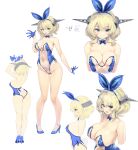  1girl absurdres animal_ears ass bare_legs blonde_hair blue_bow blue_bowtie blue_eyes bow bowtie breasts cleavage colorado_(kancolle) commentary_request commission cowboy_shot detached_collar headgear highres kantai_collection kiyama_satoshi large_breasts leotard looking_at_viewer multiple_views playboy_bunny rabbit_ears rabbit_tail see-through see-through_leotard short_hair side-tie_leotard simple_background skeb_commission smile standing strapless strapless_leotard tail upper_body white_background white_footwear white_leotard wrist_cuffs 