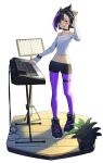  1girl absurdres black_hair breasts choker collarbone headphones highres instrument keyboard_(instrument) midriff multicolored_hair music navel off-shoulder_shirt off_shoulder original pantyhose plant playing_instrument potted_plant purple_eyes purple_hair shirt shoes shorts sirena_(tostantan) small_breasts sneakers solo standing streaked_hair teeth thigh_strap tostantan two-tone_hair upper_teeth_only white_background wooden_floor 