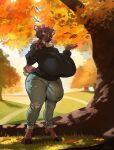  2023 anthro autumn autumn_leaves big_breasts big_bulge boosterpang bottomwear breasts bulge clothed clothing day deer denim denim_clothing detailed_bulge eyewear fluffy fluffy_tail glasses gynomorph hi_res hoodie hooves huge_breasts hyper hyper_breasts intersex jeans male_(lore) mammal outside pants park plant pose solo sommar standing tail topwear torn_clothing tree 