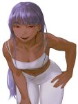  1girl absurdres bare_shoulders collarbone dark-skinned_female dark_skin fangs hand_on_own_hip hand_on_own_thigh highres leaning_forward leggings long_hair looking_at_viewer navel open_mouth original purple_hair red_eyes smile solo sports_bra strawberryjamm teeth upper_teeth_only white_background white_leggings white_sports_bra 