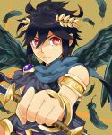  1boy ahoge angel angel_wings armlet black_hair bow_(weapon) dark_pit feathers holding holding_bow_(weapon) holding_weapon kid_icarus kid_icarus_uprising kinagi_(3307377) laurel_crown looking_at_viewer male_focus red_eyes solo upper_body weapon wings 