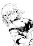  1girl absurdres arm_warmers bare_shoulders bespectacled blush breasts chikuwa_coffee_(milk_soda) closed_mouth commentary_request dutch_angle expressionless glasses greyscale highres looking_at_viewer medium_bangs medium_breasts mizuhashi_parsee monochrome off_shoulder pointy_ears sash shirt short_hair simple_background sleeveless sleeveless_shirt solo touhou upper_body wavy_hair 