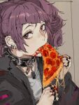  1girl black_collar black_jacket cheese_trail collar earrings eating food grey_background hands_up hiranko holding holding_food holding_pizza idolmaster idolmaster_shiny_colors jacket jewelry looking_at_viewer pepperoni pizza pizza_slice portrait purple_eyes purple_hair ring solo tanaka_mamimi 