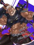  abs absurdres armor bara beard black_armor black_hair black_pants bracer breastplate bulge chain clenched_teeth crave_saga dark-skinned_male dark_skin facial_hair grimace highres holding holding_weapon looking_at_viewer looking_down midriff multicolored_hair muscular muscular_male pants raineru_(gryffindor131) red_eyes selbart_(crave_saga) short_hair shoulder_armor taut_clothes taut_pants teeth translation_request two-tone_background two-tone_hair veins veiny_arms weapon white_hair 
