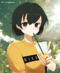  1girl alternate_hair_color black_hair brown_eyes casual clothes_writing cup disposable_cup drinking drinking_straw drinking_straw_in_mouth highres hiryuu_(kancolle) holding holding_cup kantai_collection looking_at_viewer one_side_up shirt short_hair solo tonome_(rururara) twitter_username upper_body yellow_shirt 