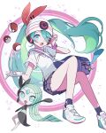  aqua_eyes bag beanie black_socks collared_shirt gloves green_hair hat hatsune_miku headphones highres long_hair looking_at_viewer meloetta murumuru_(pixiv51689952) musical_note pleated_skirt poke_ball pokemon pokemon_(creature) project_voltage psychic shirt shoulder_bag single_glove skirt socks twintails very_long_hair vocaloid white_footwear white_gloves white_headwear white_shirt 