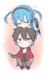  1boy 1girl black_eyes black_hair black_shirt black_skirt blue_hair blue_jacket blush brown_jacket brown_pants casual chibi closed_mouth collarbone collared_jacket commentary_request cropped_legs digital_media_player double-parted_bangs earphones empty_eyes ene_(kagerou_project) expressionless facial_mark facing_another facing_down facing_viewer full_body gradient_background hair_between_eyes hand_on_another&#039;s_head headphones heart highres holding_digital_media_player jacket kagerou_project kisaragi_shintarou kyokutsuki long_sleeves looking_up miniskirt on_head pants pink_background pleated_skirt red_jacket sanpaku shirt short_hair single_stripe sitting sketch skirt smile striped striped_jacket sweat t-shirt track_jacket white_background white_stripes 