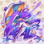  1boy artist_name black_footwear blue_eyes boots commentary_request kamui_gakupo kianamosser long_hair looking_at_viewer looking_back mixed-language_commentary patterned_background ponytail purple_hair splat_brella_(splatoon) splatana_wiper_(splatoon) splatoon_(series) tentacle_hair twitter_username very_long_hair vocaloid 