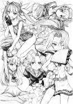  5girls bare_arms breasts cleavage closed_mouth dress fletcher_(kancolle) folding_fan gloves greyscale hair_ornament hair_ribbon hand_fan hat hatsuharu_(kancolle) highres holding holding_fan holding_torpedo i-19_(kancolle) janus_(kancolle) kantai_collection long_hair looking_at_viewer maestrale_(kancolle) monochrome multiple_girls one-piece_swimsuit one_eye_closed open_mouth ponytail pout ribbon sailor_collar sailor_dress school_swimsuit short_hair short_sleeves simple_background star_(symbol) star_hair_ornament swimsuit torpedo tsuji_kazuho very_long_hair 