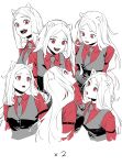  6+girls absurdres animal_ears black_necktie black_vest cerberus_(helltaker) demon demon_girl dog_ears helltaker highres long_hair looking_at_another multiple_girls necktie red_eyes red_shirt reiga_(act000) shirt siblings twins vest white_background white_hair 