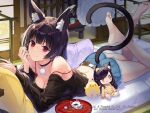  1girl animal_ear_fluff animal_ears ass azur_lane bare_shoulders barefoot black_choker black_hair black_shirt breasts cable_knit cat_ears cat_girl cat_tail character_doll choker cleavage collarbone denim denim_shorts feet_up full_body fusou_(azur_lane) fusou_(perfect_partner?)_(azur_lane) indoors large_breasts long_sleeves looking_at_viewer lying manjuu_(azur_lane) mask mask_removed medium_hair off-shoulder_sweater off_shoulder official_alternate_costume official_art on_stomach pillow red_eyes sanbasou shirt short_shorts shorts solo sweater tail the_pose yamashiro_(azur_lane) yamashiro_(vacation_offensive!)_(azur_lane) 