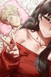  1boy 1girl black_hair blonde_hair blush breath closed_mouth clothed_female_nude_male collarbone earrings guy_tired_after_sex_(meme) haraya_manawari heart heart-shaped_pupils highres implied_after_sex jewelry long_hair long_sleeves lying meme nude on_back pillow red_eyes selfie sitting sleeping smile spy_x_family sweat sweater symbol-shaped_pupils twilight_(spy_x_family) v yor_briar 