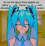  1girl absurdres aqua_eyes aqua_hair aqua_necktie artist_name backrooms_(creepypasta) bare_shoulders closed_mouth commentary english_commentary english_text gif_caption_(meme) grey_shirt hair_between_eyes hair_ornament half-closed_eyes hatsune_miku highres indoors long_hair looking_at_viewer meme necktie photo_background portrait sainttufa shirt sleeveless sleeveless_shirt smile solo straight-on twintails vocaloid watermark 