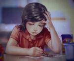  1girl brown_eyes brown_hair child&#039;s_drawing crayon crying crying_girl_(meme) crying_with_eyes_open drawing female_child holding holding_crayon medium_hair meme mogumogu_(563chan) paper realistic red_shirt shirt short_sleeves tears 