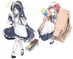  2girls apron aris_(blue_archive) aris_(maid)_(blue_archive) black_dress black_eyes black_footwear black_hair blue_archive blue_eyes blush_stickers bow bowtie box broom bucket cardboard_box closed_mouth collared_dress dress duster frown full_body gohanduck halo hand_on_own_hip highres holding holding_bucket holding_duster in_box in_container long_hair looking_at_viewer maid_apron maid_headdress multiple_girls neck_ribbon notice_lines pantyhose ponytail puffy_short_sleeves puffy_sleeves red_hair ribbon short_sleeves side_ponytail sitting smile standing strappy_heels sweatdrop very_long_hair white_background white_pantyhose wristband yuzu_(blue_archive) yuzu_(maid)_(blue_archive) 